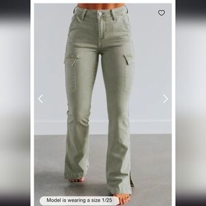 Risen Sage Green Cargo Flare Jeans High Rise Trendy Utility Pants Size 27